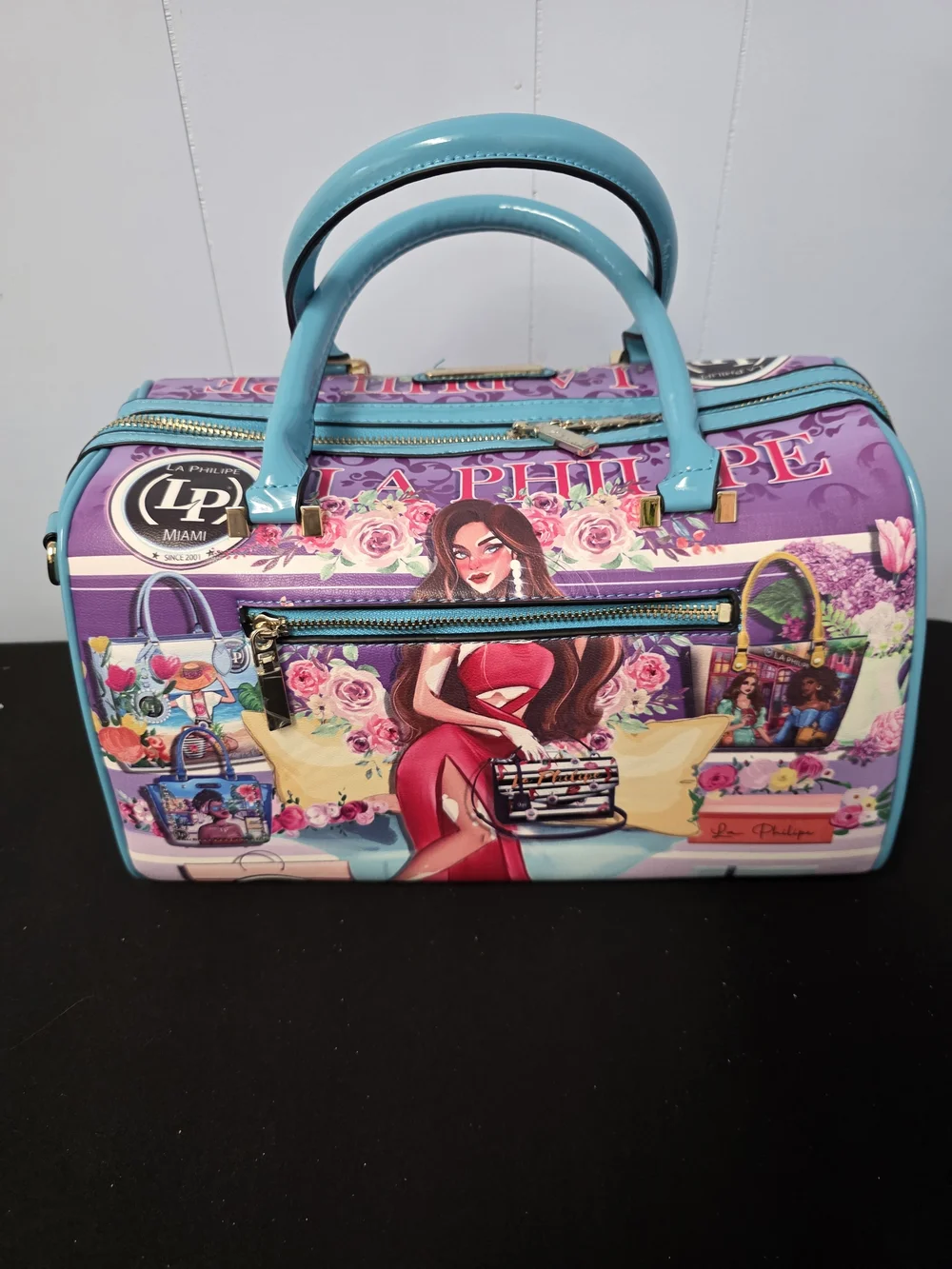 Teal-Handled Printed Women's Satchel - Purple & Teal, An Artistic Statment Piece